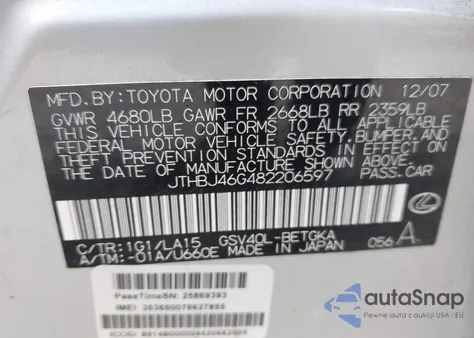 2008 Lexus Es 350 from USA, damaged, VIN JTHBJ46G482206597